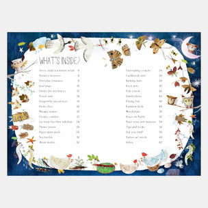 Table of contents page for a nature-themed book with illustrations and text on a blue background.