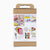 Cardboard craft kit packaging with illustrations of craft materials on a white background
