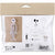 Packaged Halloween skeleton craft kit in clear plastic bag with kraft paper header. The package shows printed templates for a head, body, hands, and feet, plus included items like glue stick, glitter, and chalk marker, and a finished skeleton hanging on the left.