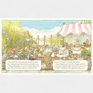Illustrated scene of a wedding reception with cake and guests, featuring text.