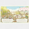 Illustrated scene of a wedding reception with cake and guests, featuring text.