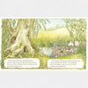 Illustration of a fairy tale scene with a tree, river, and wedding party.