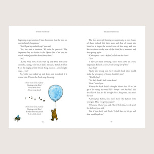 Page from a book with text and illustrations of a bear with a balloon and birds.