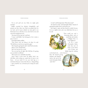 Book pages with illustrations of a bear and a rabbit from a children's story