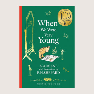 Book cover of 'When We Were Very Young' by A.A. Milne with illustrations and green background