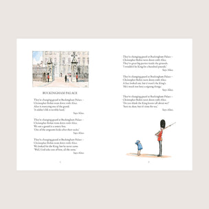 Illustrated book page with a scene at Buckingham Palace and text.