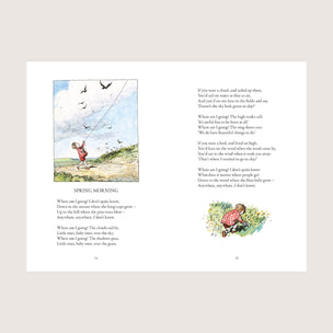Illustrated book page with a poem and illustrations of a child flying a kite and a turtle.