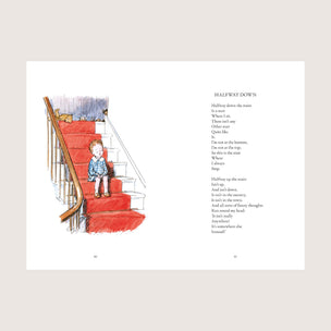 Illustration of a child sitting on red stairs with a poem on the right side.