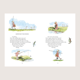 Illustrated children's book page with a child fishing by a pond, accompanied by text.