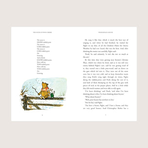 Page from a book with an illustration of a bear and a rabbit on a fence, set against a plain background.