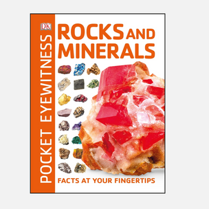 DK Pocket Eyewitness Rocks and Minerals book cover, featuring a large red crystal formation on the front with smaller mineral samples along the side and orange title text on a white background.