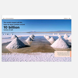 A book or magazine page featuring a landscape photograph of salt mounds in a salt flat, with text reading 'The world's largest salt flat, Salar de Uyuni contains around 10 billion tonnes of salt' and a small 'MINERALS' heading.