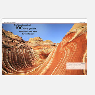 A rectangular printed page or poster showing a desert rock formation with overlaid text reading 'The Wave is made of 190 million-year-old sand dunes that have turned to rock.' The page is centered on a light gray background.