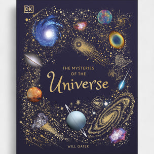 Book cover of 'The Mysteries of the Universe' with space-themed illustrations on a dark background.