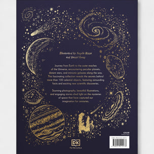 Book back cover with space-themed illustrations and text on a dark background