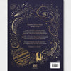 Book back cover with space-themed illustrations and text on a dark background