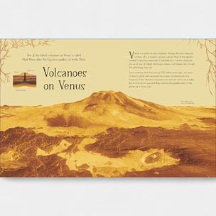 Book page about volcanoes on Venus with a mountain illustration and text.