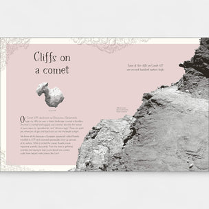 Book page with text about cliffs on a comet and an image of rocky terrain.