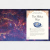 Book page with image of the Milky Way galaxy and text on a white background