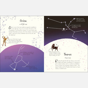 An educational poster set about the constellations Orion and Taurus, featuring star maps, constellation diagrams, and descriptive text on a white background.