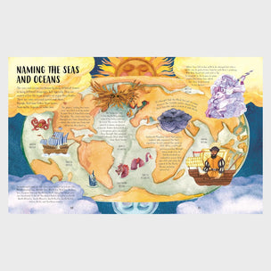 Illustrated page from a book titled 'Naming the Seas and Oceans' with a world map and various sea creatures.