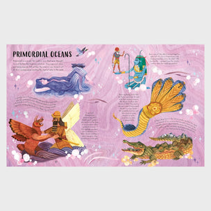 Illustrated page from a book with various mythical creatures and text on a pink background