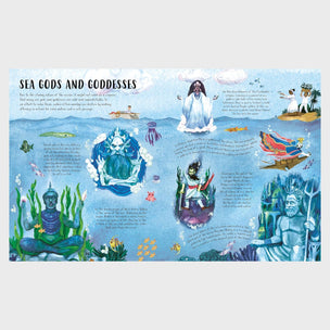 Illustration of sea gods and goddesses with text on a blue background