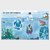 Illustration of sea gods and goddesses with text on a blue background