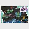 Colorful illustration of mermaids, fish, and a ship on a black background