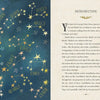 Star chart with zodiac signs on a blue background next to text on a beige page.