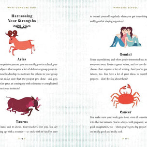 Page from a book or magazine about zodiac signs with illustrations and text.