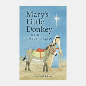 Book cover of 'Mary's Little Donkey and the Escape to Egypt' with a donkey and a woman on a blue background.