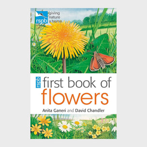 Book cover of 'RSPB First Book of Flowers' with a dandelion and butterfly illustration.