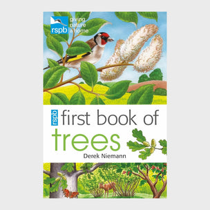 Book cover of 'RSPB First Book of Trees' with illustrations of a bird and tree branches.