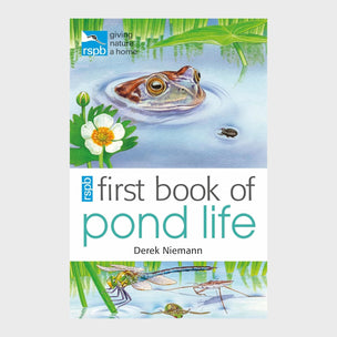 Book cover of 'First Book of Pond Life' by Derek Niemann with a frog illustration on a white background.