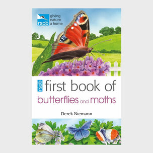 Book cover of 'First Book of Butterflies and Moths' by RSPB with butterflies and flowers on a green field background.