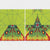 Two abstract art pieces with geometric patterns and vibrant colors on a green background.