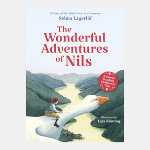 Book cover of 'The Wonderful Adventures of Nils' with a boy on a goose and green landscape.