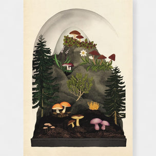 Illustration of a forest scene with mushrooms and trees on a beige background