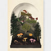 Illustration of a forest scene with mushrooms and trees on a beige background