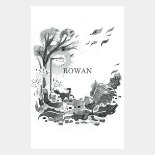 Black and white illustration with 'ROWAN' text, nature elements, and a clock.