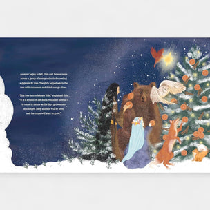 Illustration of a bear, owl, and other animals decorating a Christmas tree with a star on top.
