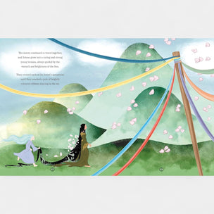 Illustration of two characters with long hair against a scenic background with mountains and ribbons.