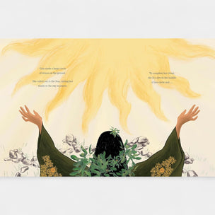 Illustration of a person with outstretched arms and flowing hair, surrounded by nature elements.