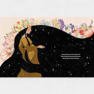 Illustration of a woman embracing a large black silhouette with floral and pumpkin designs above.