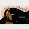 Illustration of a woman embracing a large black silhouette with floral and pumpkin designs above.