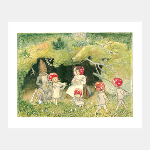 Illustration of a family with children wearing red mushroom hats in a forest setting.