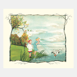 Illustration of two children by a lake with ducks, framed like a picture.
