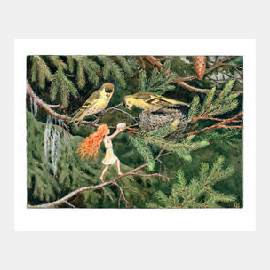 Fairy with red hair interacting with birds on a branch