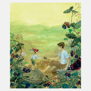 Illustration of a man and a child in a garden with fruits and flowers